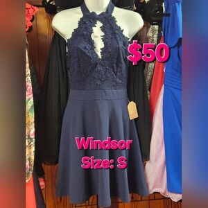 Windsor Navy Blue Lace Halter Dress